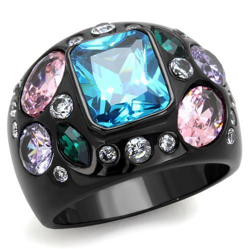 MATK1790 - IP Black(Ion Plating) Stainless Steel Ring with AAA Grade CZ  in Sea Blue