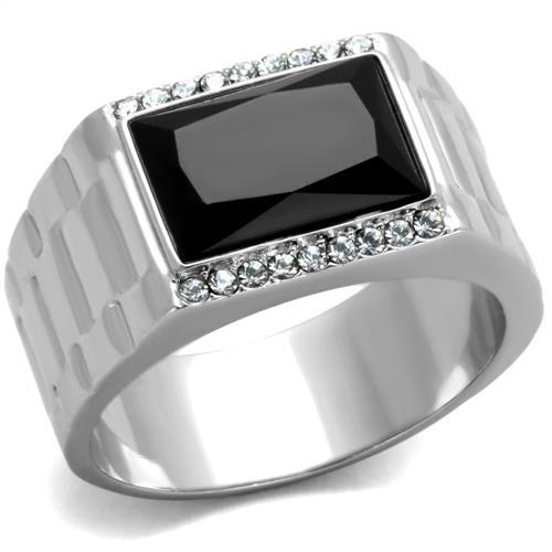MATK1811 - High polished (no plating) Stainless Steel Ring with Synthetic Onyx in Jet