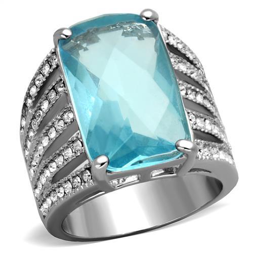 MATK1826 - High polished (no plating) Stainless Steel Ring with Synthetic Synthetic Glass in Sea Blue