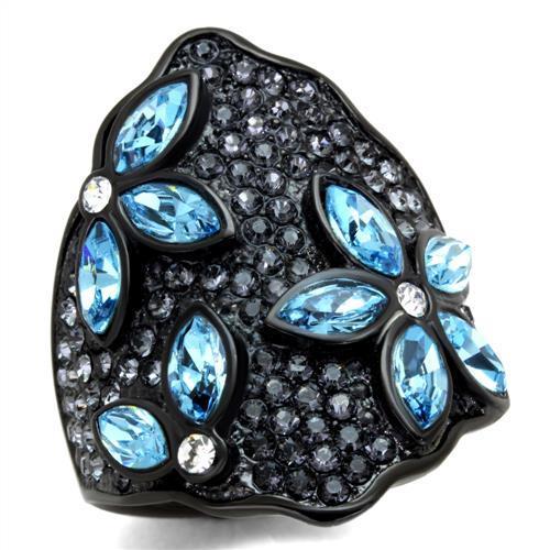 MATK1834 - IP Black(Ion Plating) Stainless Steel Ring with Top Grade Crystal  in Sea Blue