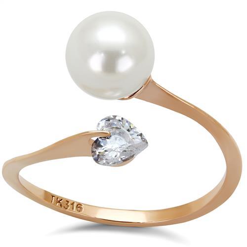 MATK1837 - IP Rose Gold(Ion Plating) Stainless Steel Ring with Synthetic Pearl in White