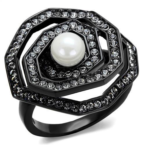 MATK1861 - IP Black(Ion Plating) Stainless Steel Ring with Synthetic Pearl in White