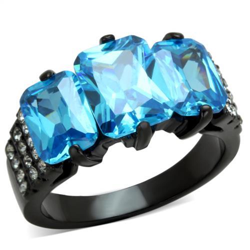MATK1866 - IP Black(Ion Plating) Stainless Steel Ring with AAA Grade CZ  in Sea Blue