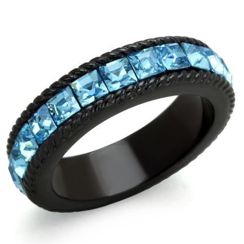 MATK1867 - IP Black(Ion Plating) Stainless Steel Ring with Top Grade Crystal  in Sea Blue