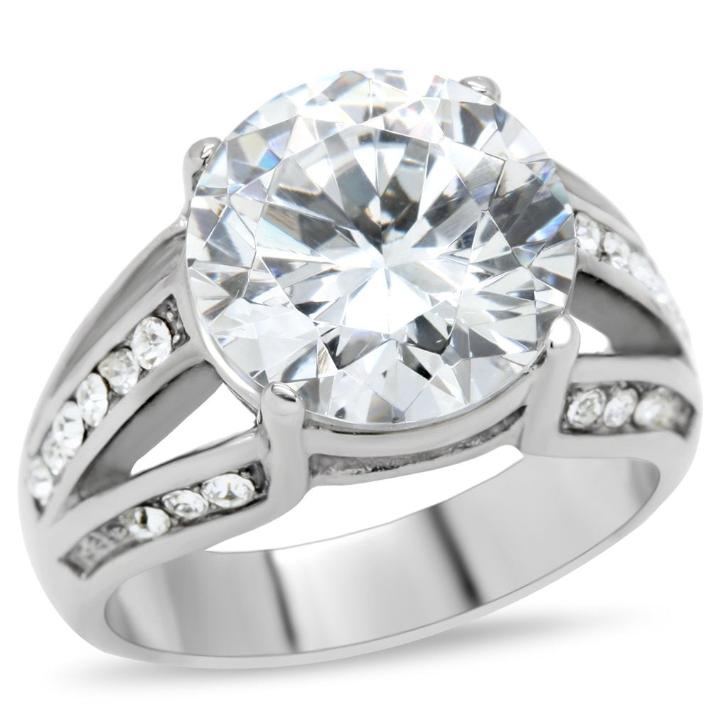 MATK187 - High polished (no plating) Stainless Steel Ring with AAA Grade CZ  in Clear