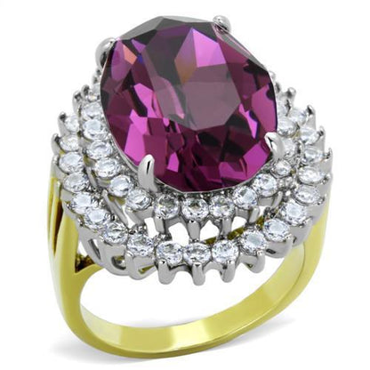 MATK1892 - Two-Tone IP Gold (Ion Plating) Stainless Steel Ring with Top Grade Crystal  in Amethyst