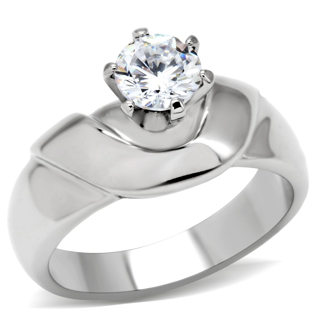 MATK191 - High polished (no plating) Stainless Steel Ring with AAA Grade CZ  in Clear