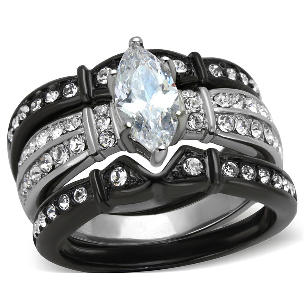 MATK1922 - Two-Tone IP Black Stainless Steel Ring with AAA Grade CZ  in Clear