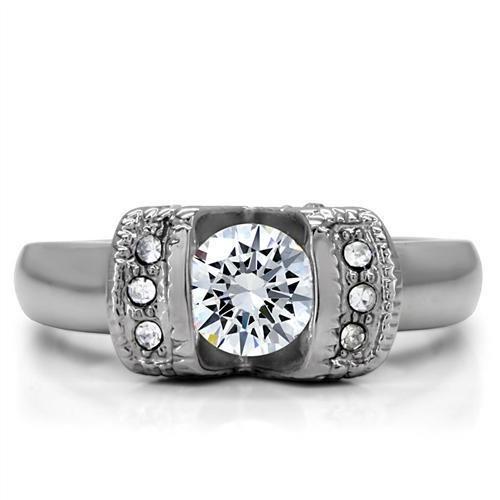 MATK194 - High polished (no plating) Stainless Steel Ring with AAA Grade CZ  in Clear