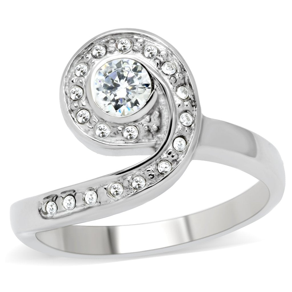 MATK195 - High polished (no plating) Stainless Steel Ring with AAA Grade CZ  in Clear