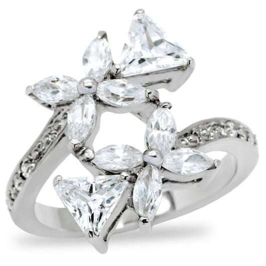 MATK196 - High polished (no plating) Stainless Steel Ring with AAA Grade CZ  in Clear