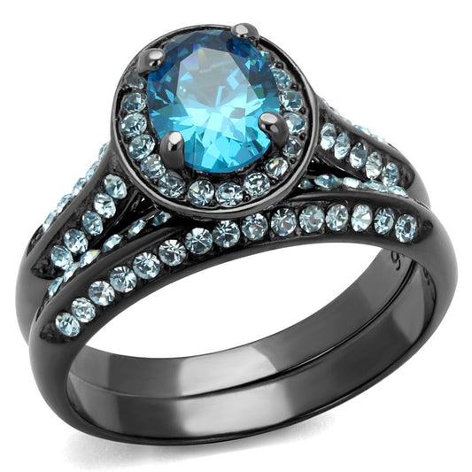 MATK1W163LJ - IP Light Black  (IP Gun) Stainless Steel Ring with AAA Grade CZ  in Sea Blue
