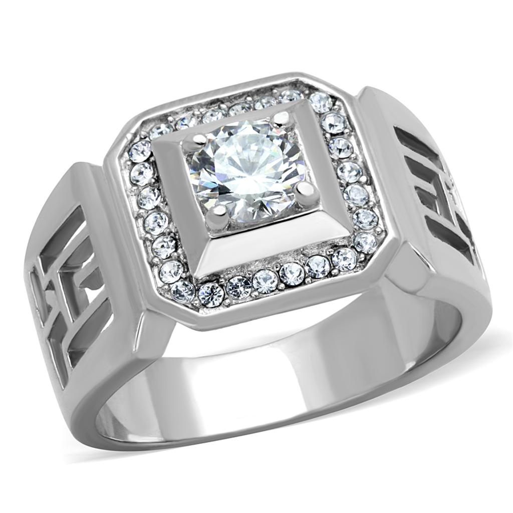 MATK2046 - High polished (no plating) Stainless Steel Ring with AAA Grade CZ  in Clear