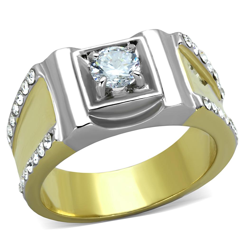 MATK2049 - Two-Tone IP Gold (Ion Plating) Stainless Steel Ring with AAA Grade CZ  in Clear