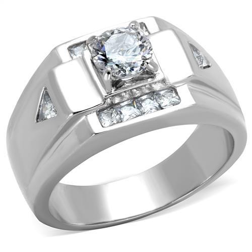 MATK2052 - High polished (no plating) Stainless Steel Ring with AAA Grade CZ  in Clear