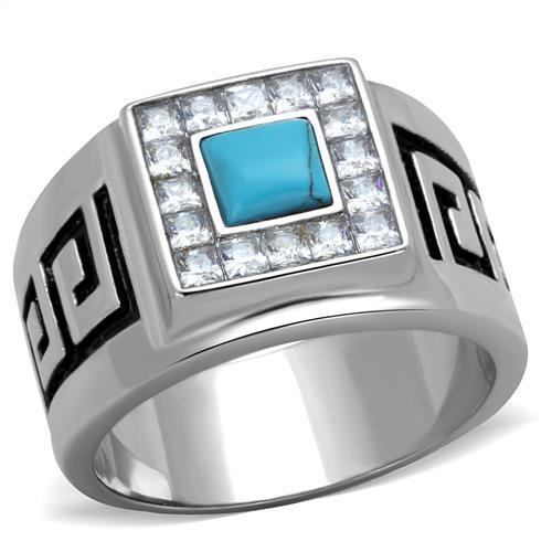 MATK2053 - High polished (no plating) Stainless Steel Ring with Synthetic Turquoise in Sea Blue