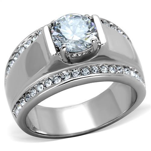 MATK2054 - High polished (no plating) Stainless Steel Ring with AAA Grade CZ  in Clear
