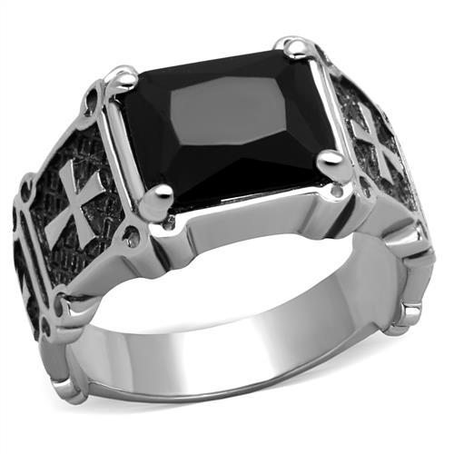 MATK2055 - High polished (no plating) Stainless Steel Ring with Synthetic Synthetic Glass in Jet