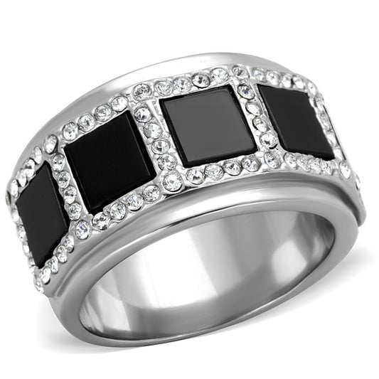 MATK2067 - High polished (no plating) Stainless Steel Ring with Synthetic Onyx in Jet
