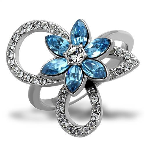 MATK2123 - High polished (no plating) Stainless Steel Ring with Top Grade Crystal  in Sea Blue