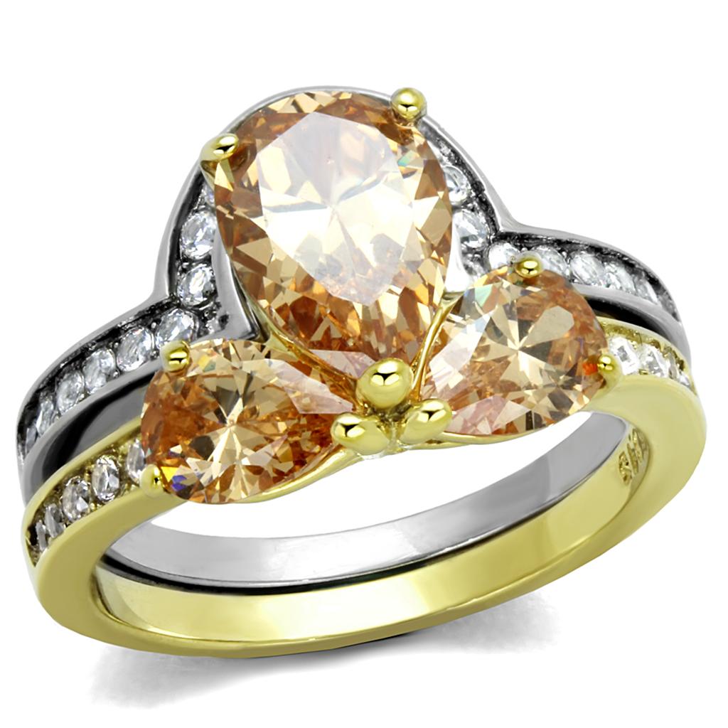MATK2132 - Two-Tone IP Gold (Ion Plating) Stainless Steel Ring with AAA Grade CZ  in Champagne