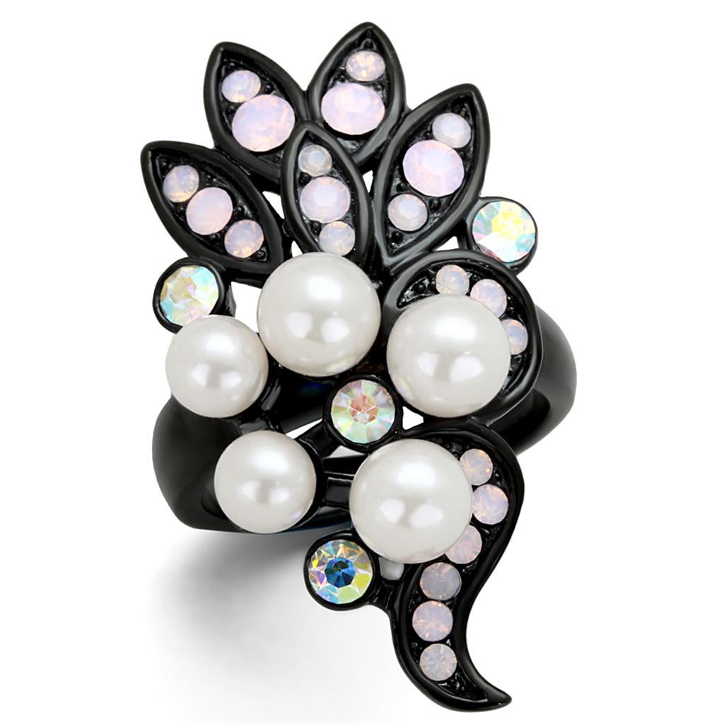 MATK2138 - IP Black(Ion Plating) Stainless Steel Ring with Synthetic Pearl in Light Rose