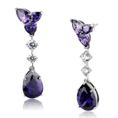 MATK2144 - High polished (no plating) Stainless Steel Earrings with AAA Grade CZ  in Amethyst