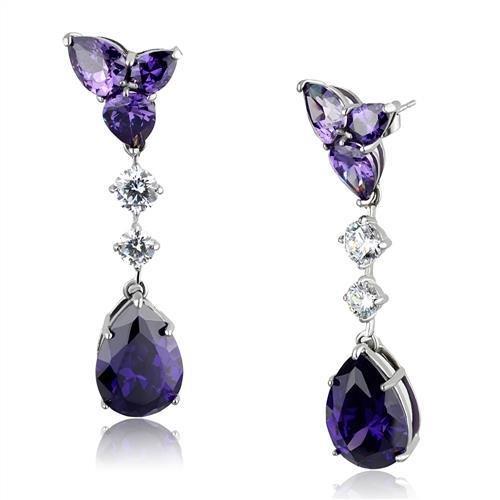 MATK2144 - High polished (no plating) Stainless Steel Earrings with AAA Grade CZ  in Amethyst
