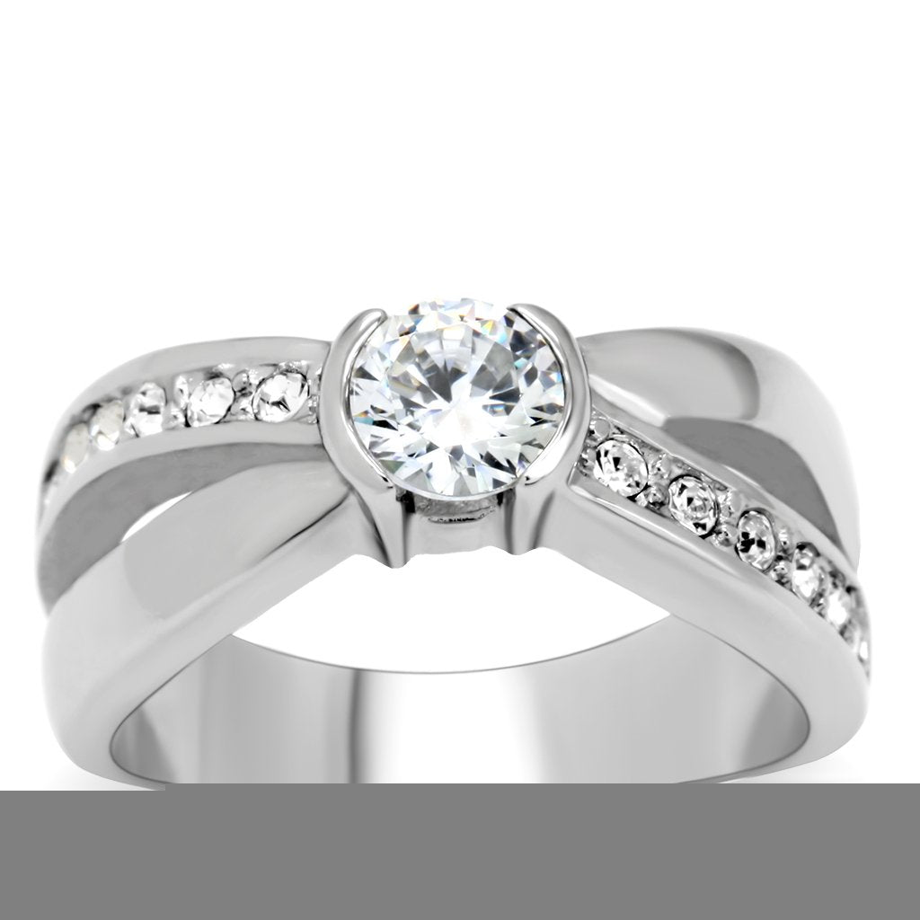 MATK214 - High polished (no plating) Stainless Steel Ring with AAA Grade CZ  in Clear