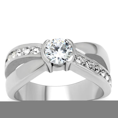 MATK214 - High polished (no plating) Stainless Steel Ring with AAA Grade CZ  in Clear