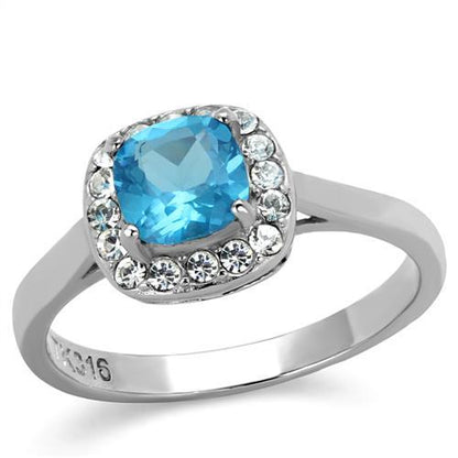 MATK2161 - High polished (no plating) Stainless Steel Ring with Synthetic Synthetic Glass in Sea Blue