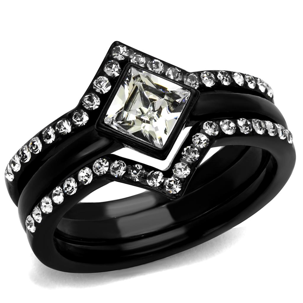 MATK2185 - IP Black(Ion Plating) Stainless Steel Ring with Top Grade Crystal  in Clear