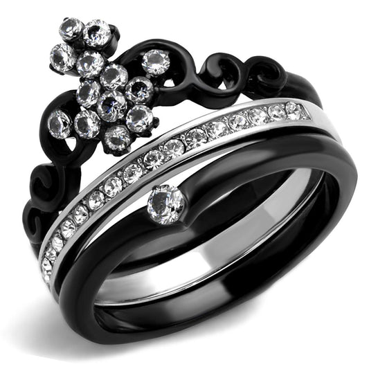 MATK2187 - Two-Tone IP Black Stainless Steel Ring with AAA Grade CZ  in Clear