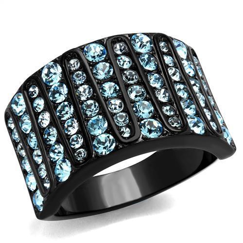 MATK2198 - IP Black(Ion Plating) Stainless Steel Ring with Top Grade Crystal  in Sea Blue