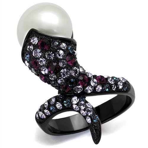 MATK2203 - IP Black(Ion Plating) Stainless Steel Ring with Synthetic Pearl in White