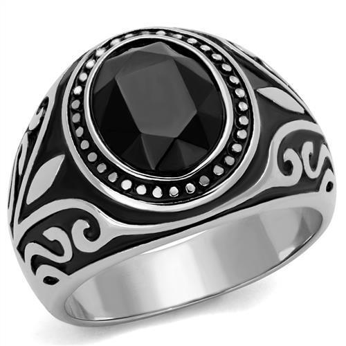 MATK2231 - High polished (no plating) Stainless Steel Ring with Top Grade Crystal  in Jet