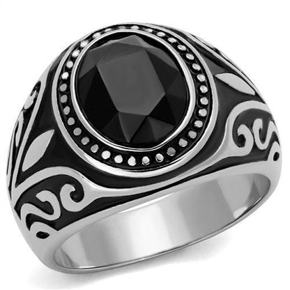 MATK2231 - High polished (no plating) Stainless Steel Ring with Top Grade Crystal  in Jet