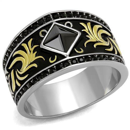 MATK2232 - Two-Tone IP Gold (Ion Plating) Stainless Steel Ring with Synthetic Synthetic Glass in Jet