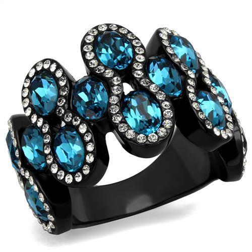 MATK2289 - IP Black(Ion Plating) Stainless Steel Ring with Top Grade Crystal  in Aquamarine
