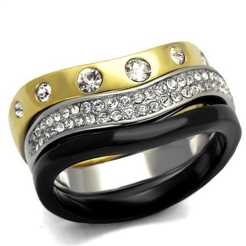 MATK2299 - IP Gold+ IP Black (Ion Plating) Stainless Steel Ring with Top Grade Crystal  in Clear