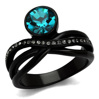 MATK2488 - IP Black(Ion Plating) Stainless Steel Ring with Top Grade Crystal  in Blue Zircon