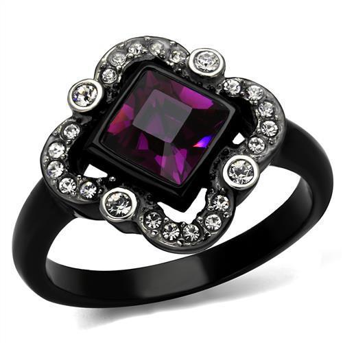 MATK2489 - Two-Tone IP Black Stainless Steel Ring with Top Grade Crystal  in Fuchsia