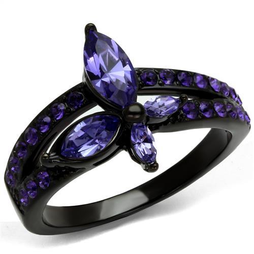 MATK2490 - IP Black(Ion Plating) Stainless Steel Ring with Top Grade Crystal  in Tanzanite