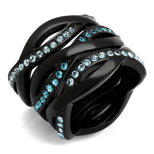 MATK2492 - IP Black(Ion Plating) Stainless Steel Ring with Top Grade Crystal  in Sea Blue