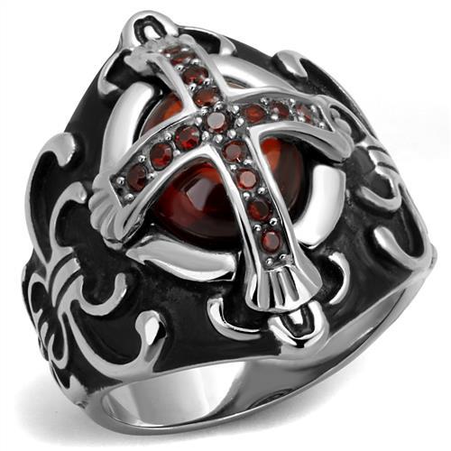 MATK2507 - High polished (no plating) Stainless Steel Ring with AAA Grade CZ  in Garnet