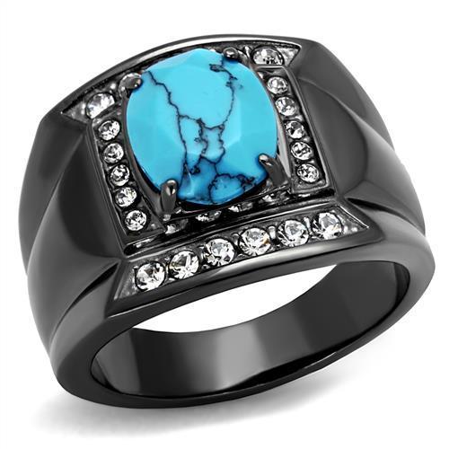 MATK2662 - IP Light Black  (IP Gun) Stainless Steel Ring with Synthetic Turquoise in Sea Blue