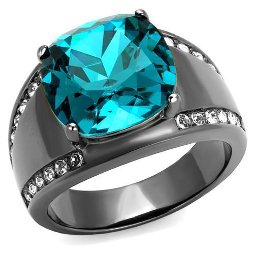 MATK2678 - IP Light Black  (IP Gun) Stainless Steel Ring with Top Grade Crystal  in Blue Zircon
