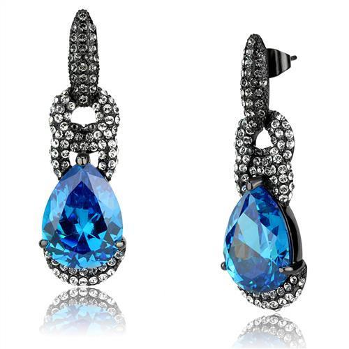 MATK2708 - IP Light Black  (IP Gun) Stainless Steel Earrings with AAA Grade CZ  in Sea Blue