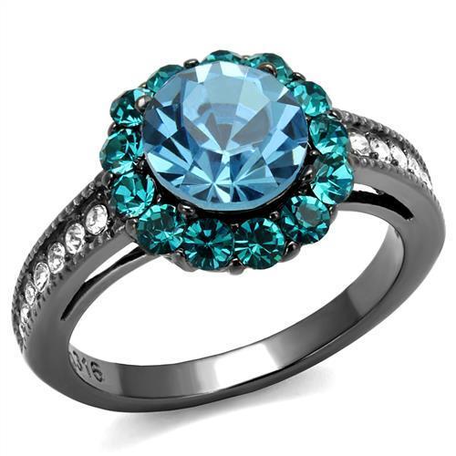 MATK2716 - IP Light Black  (IP Gun) Stainless Steel Ring with Top Grade Crystal  in Sea Blue