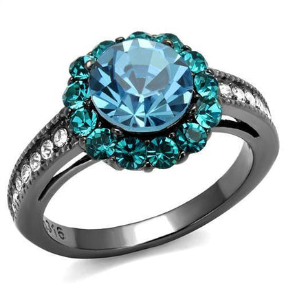 MATK2716 - IP Light Black  (IP Gun) Stainless Steel Ring with Top Grade Crystal  in Sea Blue